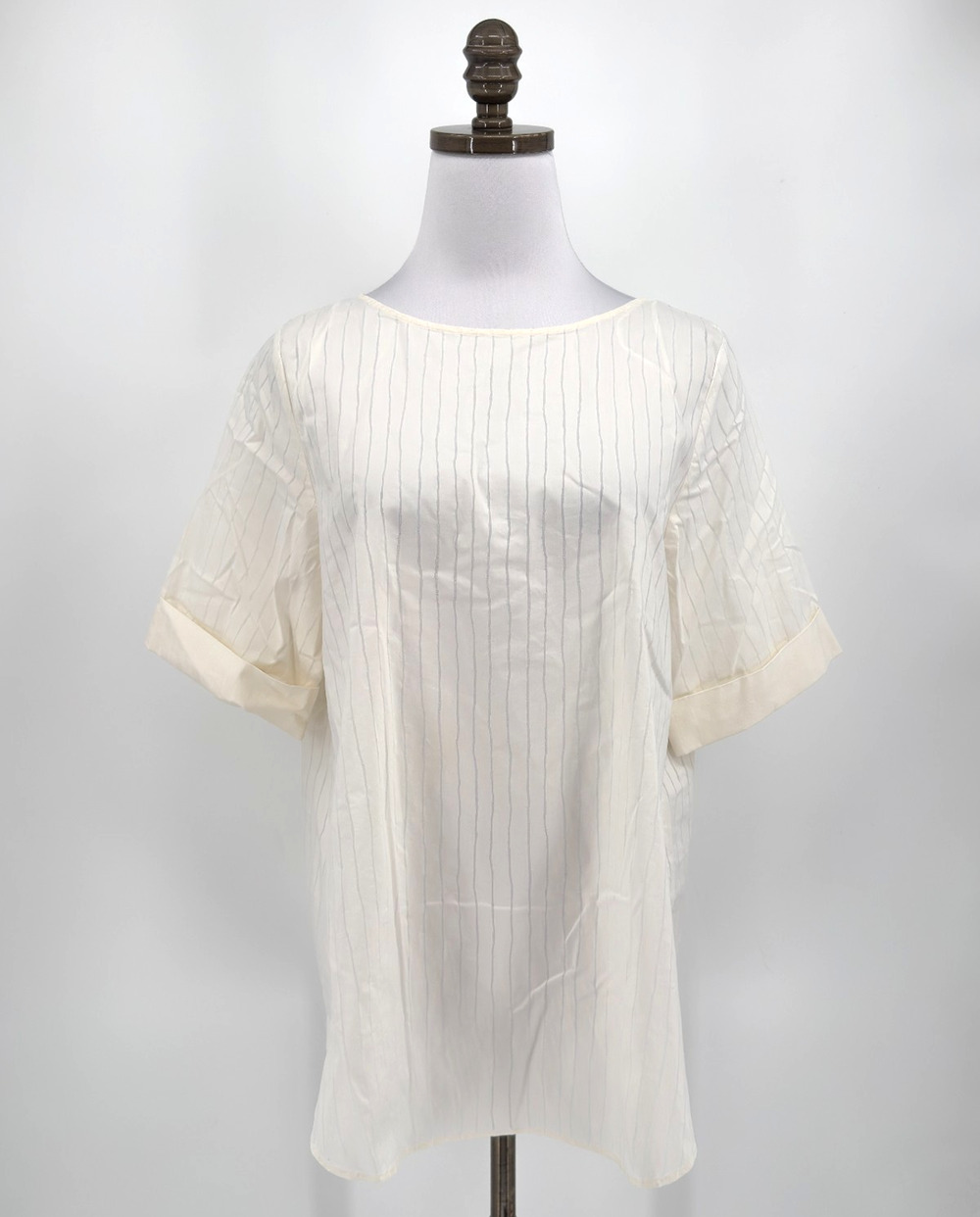 COS Ivory Pinstripe Lightweight Sheer Relaxed Lined Short Sleeve Top Sz 10